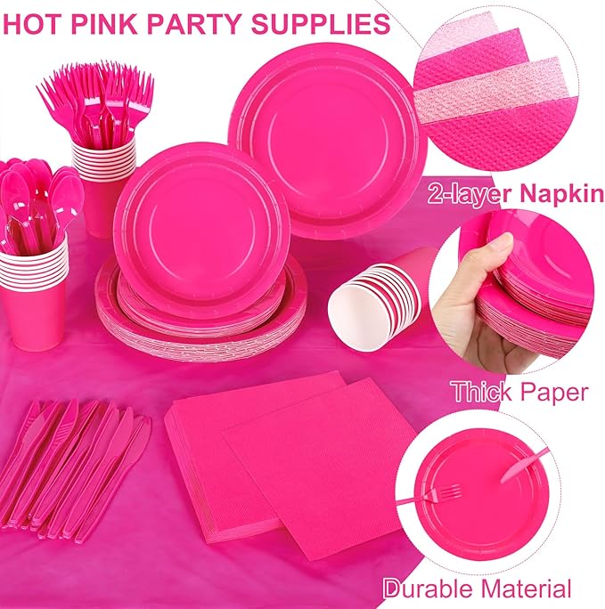 Kochorie 169 Pieces Hot Pink Party Supplies Disposable Dinnerware Set Include Plates and Cups Napkins Plastic Forks Knives Spoons Tablecloth for Wedding Birthday Party Decorations, Serve 24 Guests