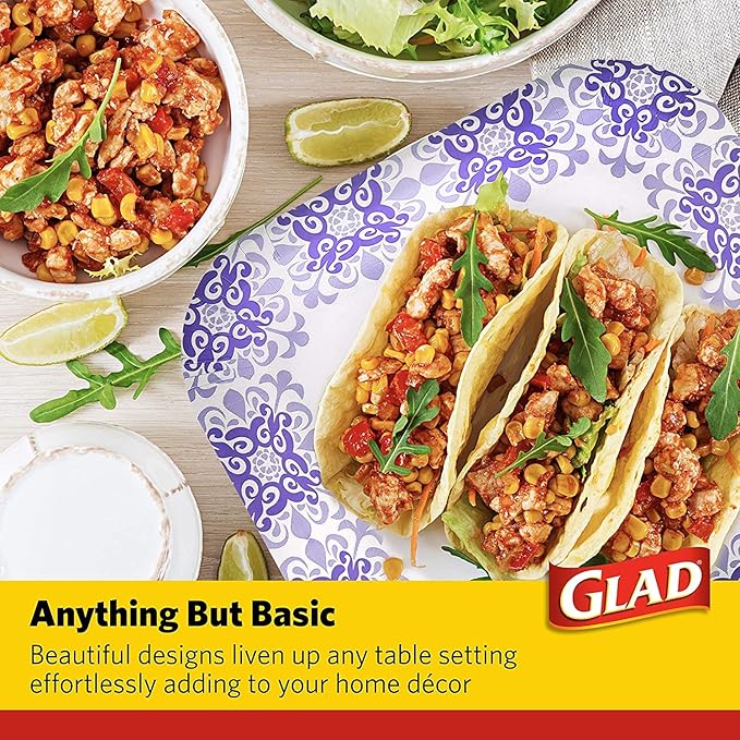 Glad Square Heavy Duty Paper Plates, Soak Proof and Cut Proof Disposable Plates for Parties and Everyday Meals, Microwaveable for Easy Serving, Purple Victorian Pattern, 8.5 Inch, 50 Count - 12 Pack