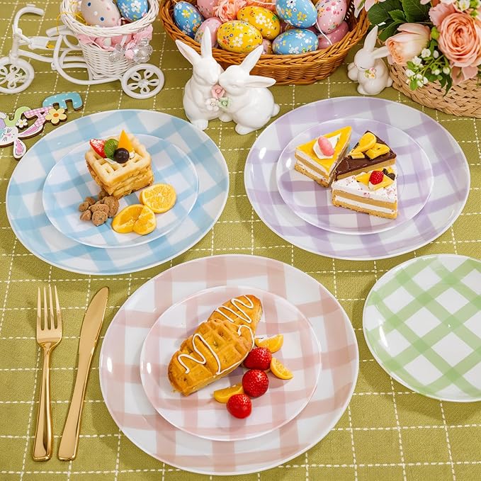 Liacere 32PCS Colorful Gingham Plastic Plates - Pink Green Gingham Plastic Plates Purple Blue 4 Colors Disposable Tableware Party Wedding Spring Holiday Supplies＆Summer ＆ Easter Day