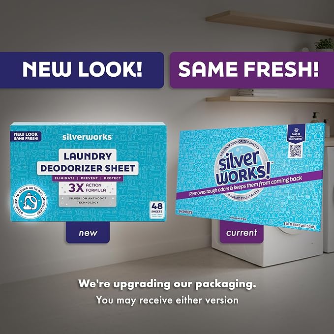 SilverWorks! Deodorizer Laundry Odor Eliminator For Clothes - Natural Silver Ion Infused Washer Sheets - Laundry Deodorizer Odor Eliminator - Lasting Laundry Odor Remover Dryer Deodorizer –24 Loads