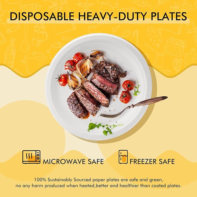 RACETOP 10 Inch [125 Pack] Paper Plates, Compostable Disposable White Bagasse Plate, Heavy-Duty Biodegradable Plates, Eco-Friendly, Made of Natural Sugarcane Fibers