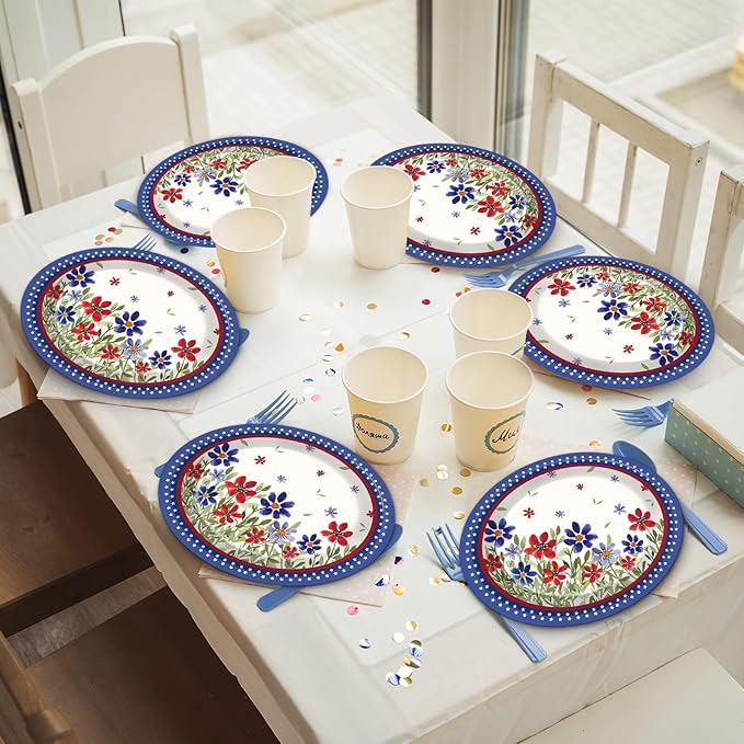 CHUNNIN 50 Pcs Memorial Day Oval Paper Plates Patriotic 4th of July Party Supplies Poppy Flower Summer Independence Day American Disposable Plates Floral Fourth of July Decorations