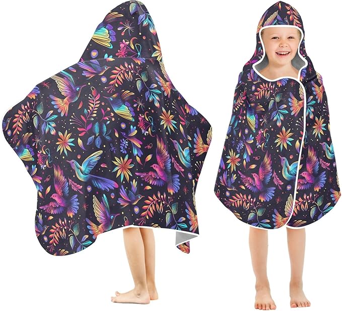 Hooded Towel for Kids Purple Bird and Flowers Beach Wrap Bath Towels 50x23.5in