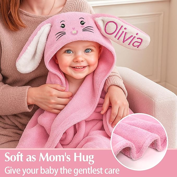 Baosity Custom Hooded Bath Towel for Babies,Soft Highly Absorbent Bunny Baby Towel with Name,Baby Towels for Newborn,Personalized Baby Shower Easter Birthday Gifts for Toddler Girls Boys
