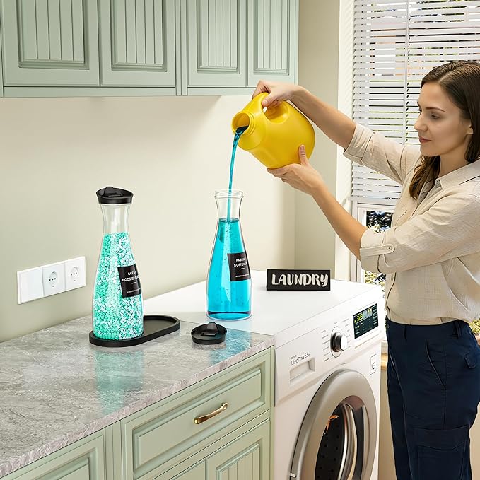 Galasily 2 Pack Laundry Detergent Dispenser Container with Tray, 54OZ Liquid Laundry Soap Dispenser with Labels, Black Laundry Room Organization for Powder, and Fabric Softener