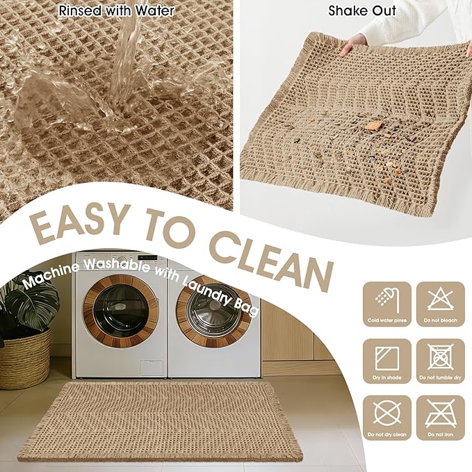 Upgraded Waffle Bath Mat, 36"x24" Beige-Herringbone, Super Absorbent Non-Slip Quick Dry Bathroom Rugs with Tassels, Machine Washable Ultra Soft Boho Bath Rugs, Toilet Mats Boho Farmhouse Decor