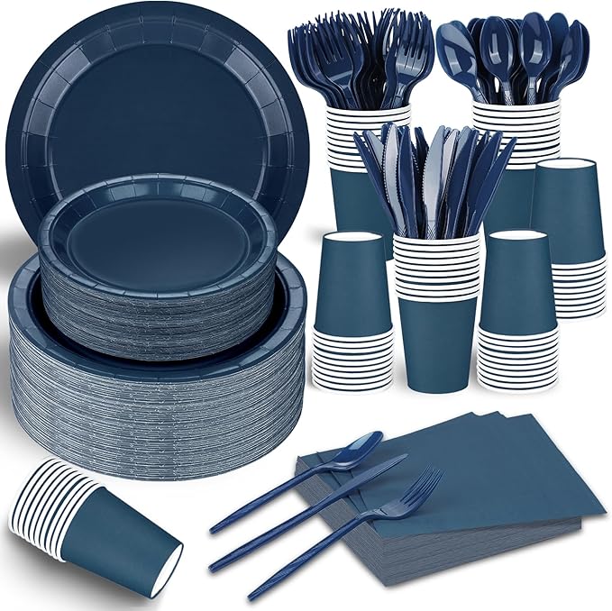 228PCS Navy Blue Party Supplies Set Include Paper Plates Cups Paper Napkins Plastic Spoons Forks Knives for 30 Guests Disposable Party Dinnerware for Birthday Wedding Family Picnic