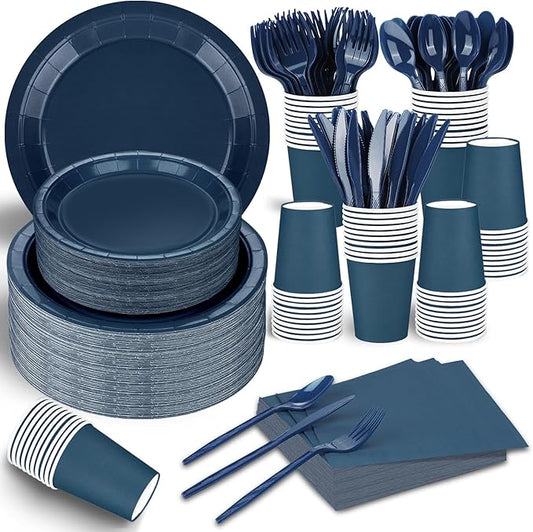 228PCS Navy Blue Party Supplies Set Include Paper Plates Cups Paper Napkins Plastic Spoons Forks Knives for 30 Guests Disposable Party Dinnerware for Birthday Wedding Family Picnic