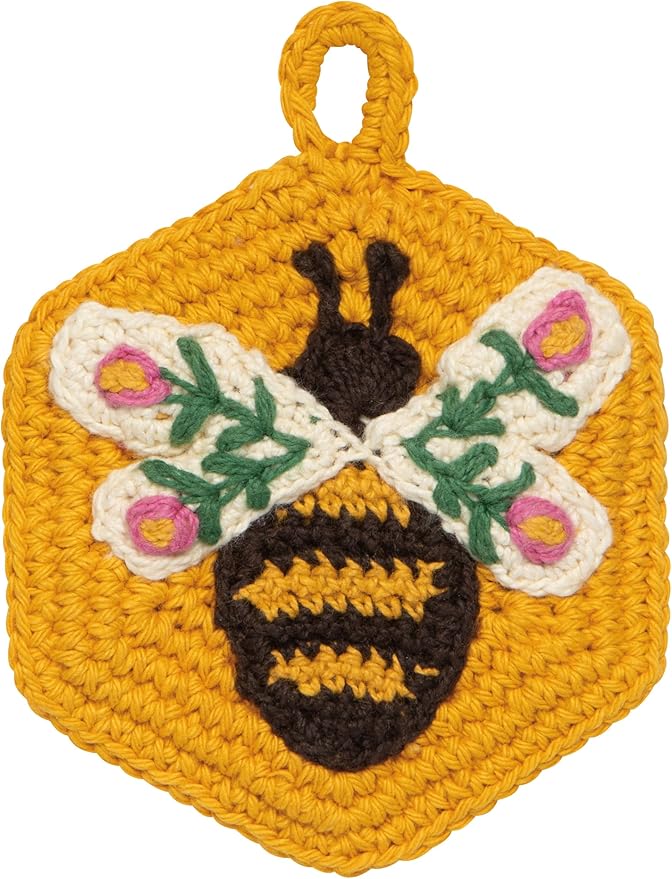 Now Designs Bee Garden Crochet Sponges Set of 2, Hand-Crocheted 100% Cotton, W4 x L4in, Artisanal Kitchen Scrubbing Sponges