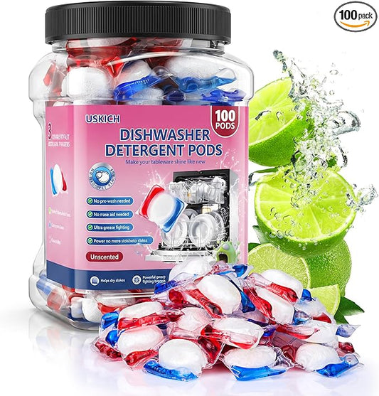 USKICH 100 Count Dishwasher Pods, No Pre-Rinse Required, Dishwasher Detergent Soap Effectively Removes Burnt-On Stains & Grease, Dishwasher Detergent Creates Sparkling Dishes & Glasses