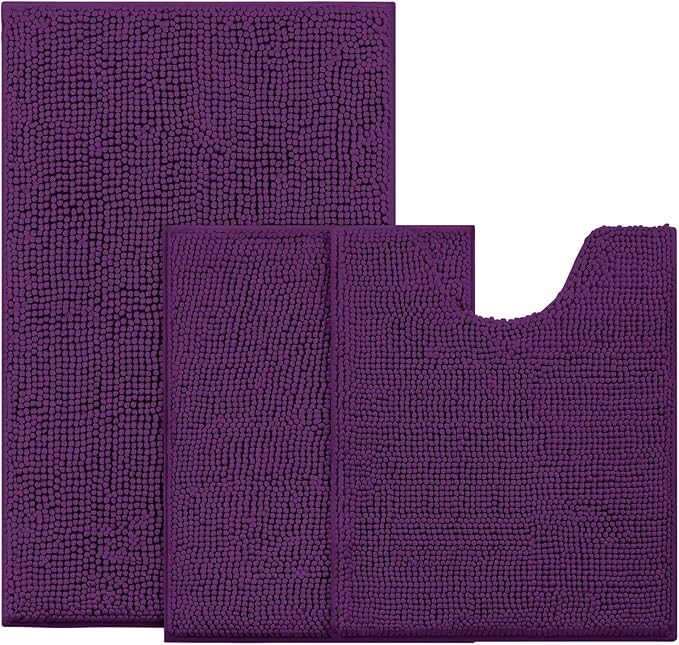 BYSURE Deep Purple Bathroom Rugs Sets 3 Piece Non Slip Extra Absorbent Plush Chenille Soft Washable Bath Mats
