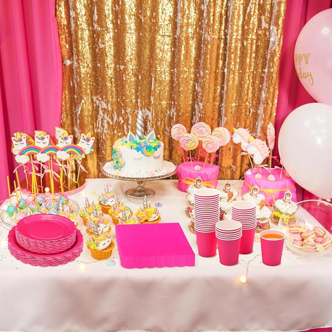 Ziliny 350 Pcs Hot Pink Plates and Napkins, 50 Guest Breast Cancer Awareness Party Supplies Include Scalloped Paper Plates Napkins Cups Plastic Spoons Forks Knives Disposable Tableware Set for Women