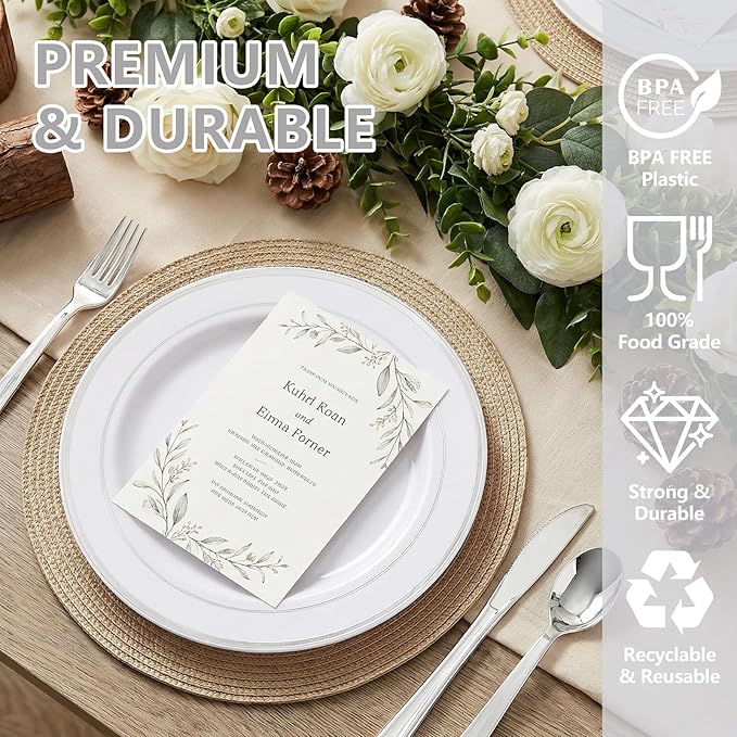 GATHER 350PCS Silver Plastic Plates - White and Silver Disposable Plates for 50 Guests Includes 100 Plate, 50 Napkins, 150 Silvery Cutlery and 50 Cups for Party & Wedding