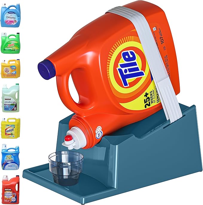 TidyFriend Liquid Laundry Detergent Holder Stand with Drip Tray & Rubber Feet, Stand for Laundry Room Organization and Storage, Fabric Softener Dispenser with Cup Holder for Easy Pouring (Slate Grey)