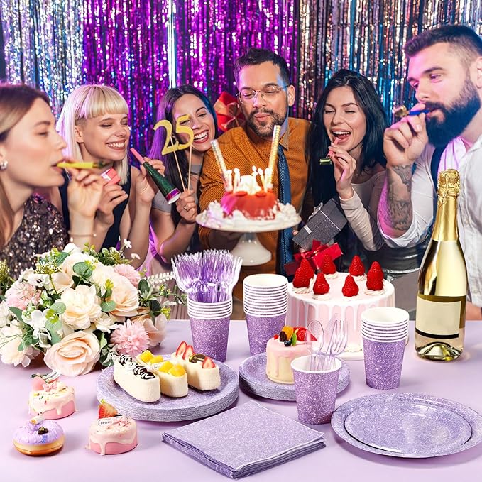 Hushee 175 Pcs Pastel Purple Holographic Print Party Supplies Guests Disposable Dinnerware Set Include Paper Plates, Napkins, Cups, Plastic Cutlery for Wedding Birthday Disco Bachelorette