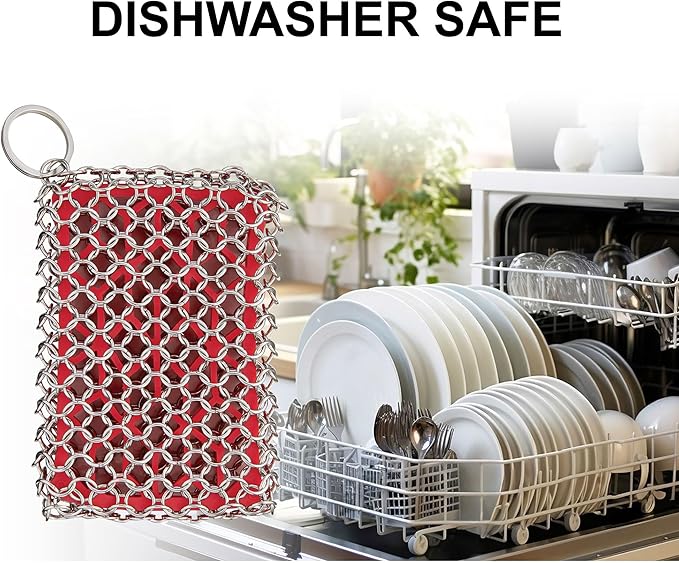HIC Kitchen Chainmail Cast Iron Scrubber, 18/8 Stainless Steel and Silicone