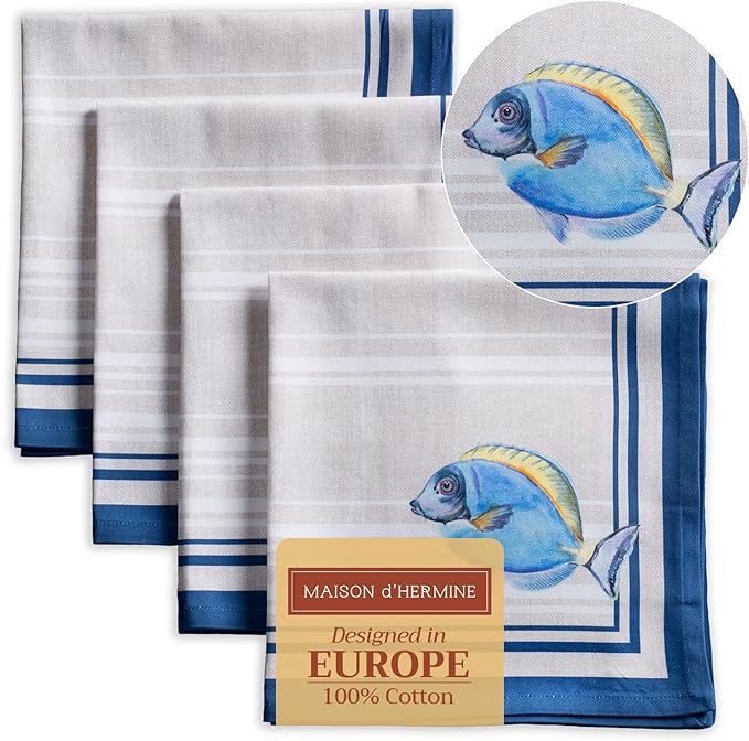 Maison d' Hermine 100% Cotton Cloth Napkins Set of 4 Everyday Reusable Square Napkins Cloth Washable Dinner Party Wedding Restaurant Hotel Kitchen Spring Summer (Poisson, 20" x 20")