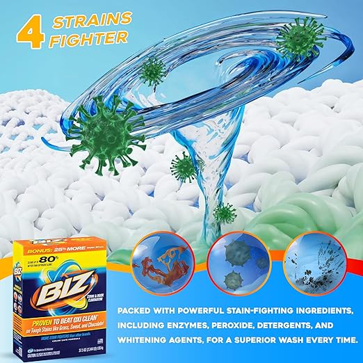 Biz Laundry Detergent Powder, Stain and Odor Eliminator for Tough Stains Like Grass Sweat and Chocolate, Powder Laundry Detergent with 4 Stain Fighters, Color Safe, HE Safe, Unscented, 37.5 Ounce