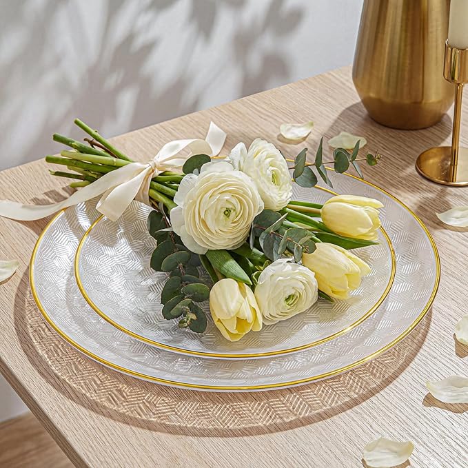 Festiva 60PCS Clear Ivory Plastic Plates with Gold Rim - Heavy Duty Fancy Disposable Plates - Serve for 30 Guests Include 30PCS 10.25" & 30PCS 7.5" Honeycomb Design Plates for Bee Party
