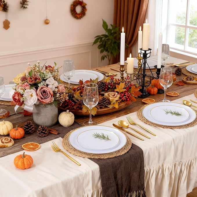 I00000 150PCS White and Gold Plastic Plates with Disposable Silverware for 30 Guests,Nice Disposable Plates,White Plastic Plates Set Include 30 Dinner Plate,30 Dessert Plate,90 Gold Cutlery for Party