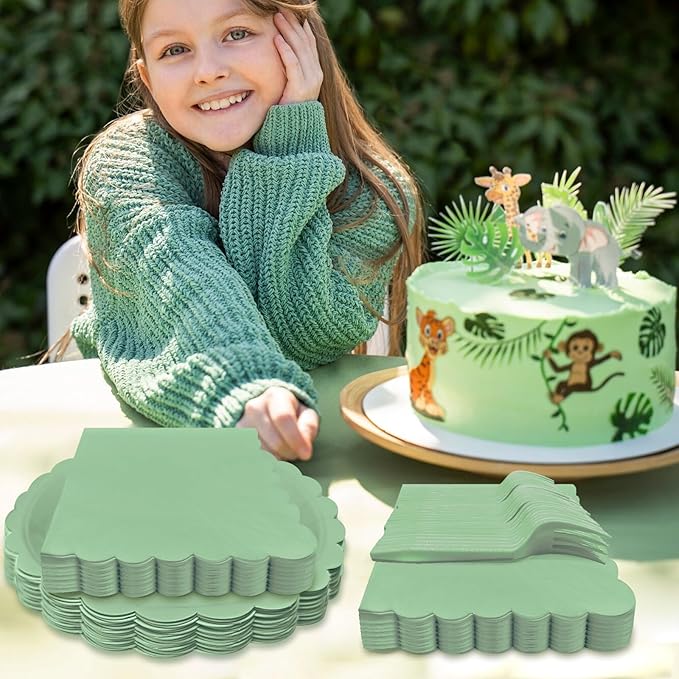 Sage Green Paper Plates and Napkins,7 Inch Sage Green Scalloped Disposable Dessert Plates Paper Napkin Fork Party Supplies for Wedding Baby Shower Birthday(25 Guest)