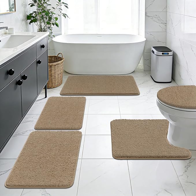 SHACOS 5 Pieces Bathroom Rugs Set with Toilet Lid Cover Ultra Soft Absorbent Microfiber Bath Mat U Shape Contour Rug for Bathroom, Non Slip Machine Washable Bath Runner Rugs for Bedroom, Beige Brown