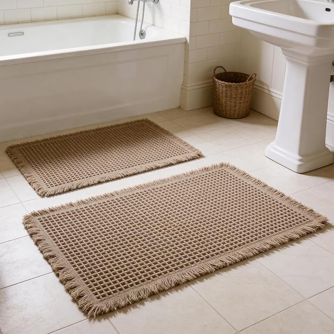 Set of 2 Waffle Bathroom Rugs, Non Slip Absorbent Waffle Knit Bath Mat for Shower Floor, Tub and Bathroom Door, Ultra Soft Quick Dry, Brown, 17"x24"+18"x30"