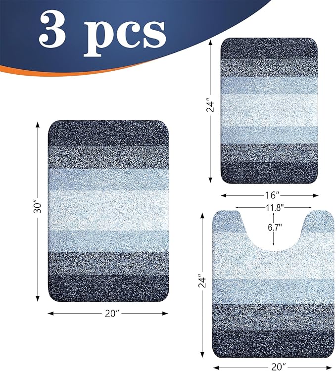 OLANLY Bathroom Rugs Sets 3 Piece, Soft Absorbent Microfiber Bath Mats and U-Shaped Contour Toilet Rug, Plush Shaggy Bath Mat Set for Bathroom (30"x20"+24"x16"+24"x20", Dark Blue)