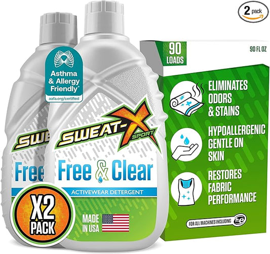 SWEAT X Free & Clear Laundry Detergent Liquid - Natural Non Toxic Laundry Detergent for Sensitive Skin - Gentle Washing Detergent for Activewear & Performance Fabrics - 45 Loads/Bottle, 2 Bottles