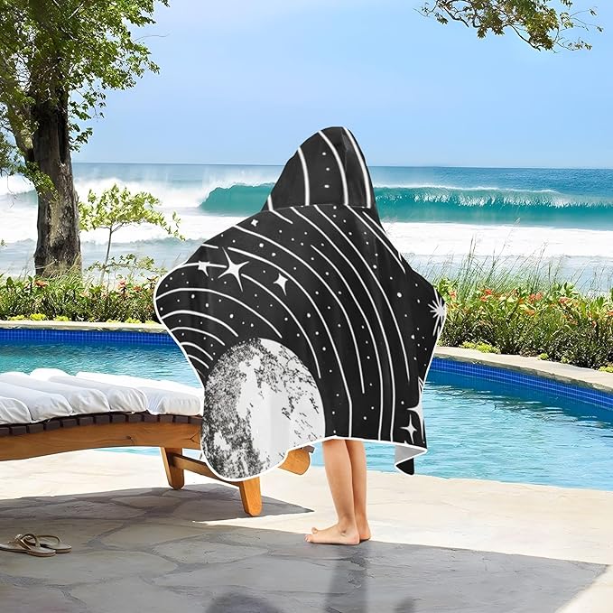 Hooded Towel for Kids Black and White Drawing of The Solar System Beach Wrap Bath Towels 50x23.5in