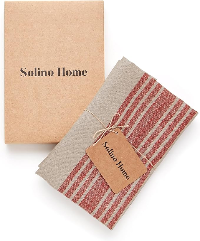Solino Home Red and Natural Linen Kitchen Towels Set of 2-100% Pure Linen 17 x 26 Inch Farmhouse Tea Towels with Hanging Loop - European Flax Kitchen Dish Cloth - Quick Dry & Machine Washable