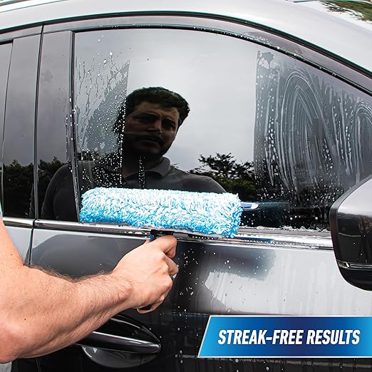 Unger 10" Curved Silicone Auto Squeegee with 3' Telescopic Pole, Flexible Blade for Window Curves, Windshield Cleaner Tool, Non-Scratch Microfiber Sleeve for Streak-Free Results, Machine Washable