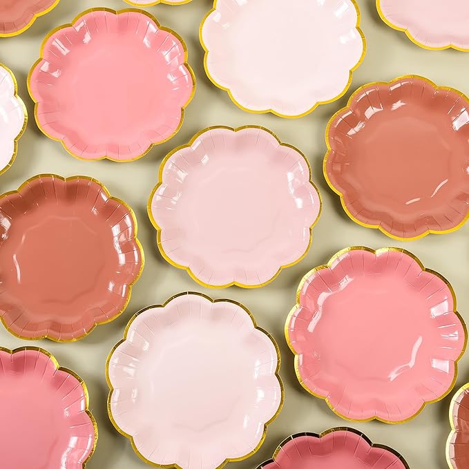 AimFun 24 Pcs Dusty Pink Party Plates Gradient Color Dessert Paper Plate 7inch Gold Foil Scalloped Edge Disposable Cake Plates for Tea Party Birthday Bridal Baby Shower Wedding Party Supplies