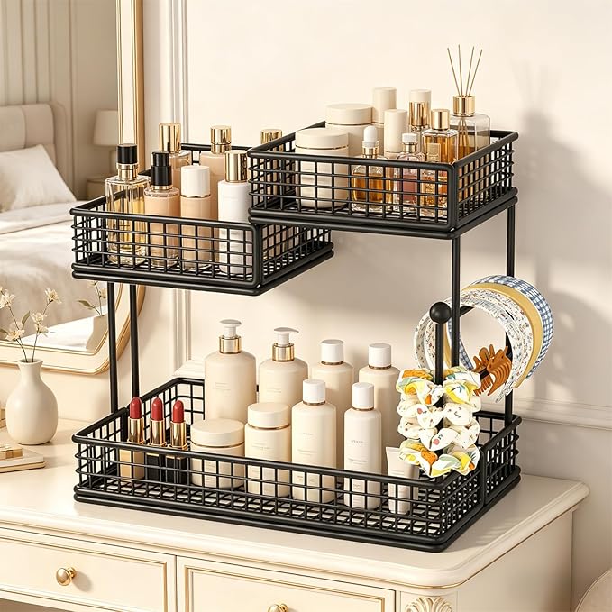 3-Tier Metal Bathroom Countertop Organizer, Makeup Organizer for Vanity Countertop, Bathroom Shelf for Skincare, Perfume & Cosmetics, Multipurpose Storage Rack for Kitchen, Bedroom & Office (Black)