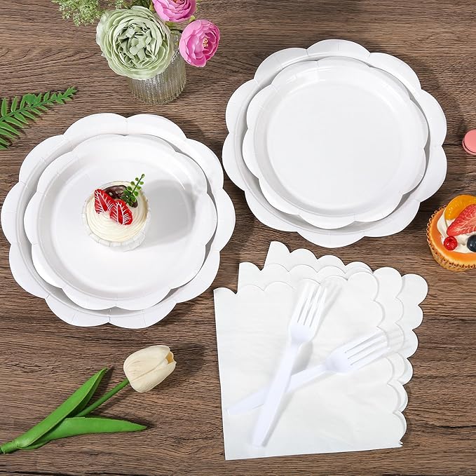 96 Pcs White Paper Plates and Napkins Set Party Supplies, Tableware set for 24 Guest include Disposable White Scalloped Plates, Napkins and Forks for Baby Shower Bridal Shower Wedding