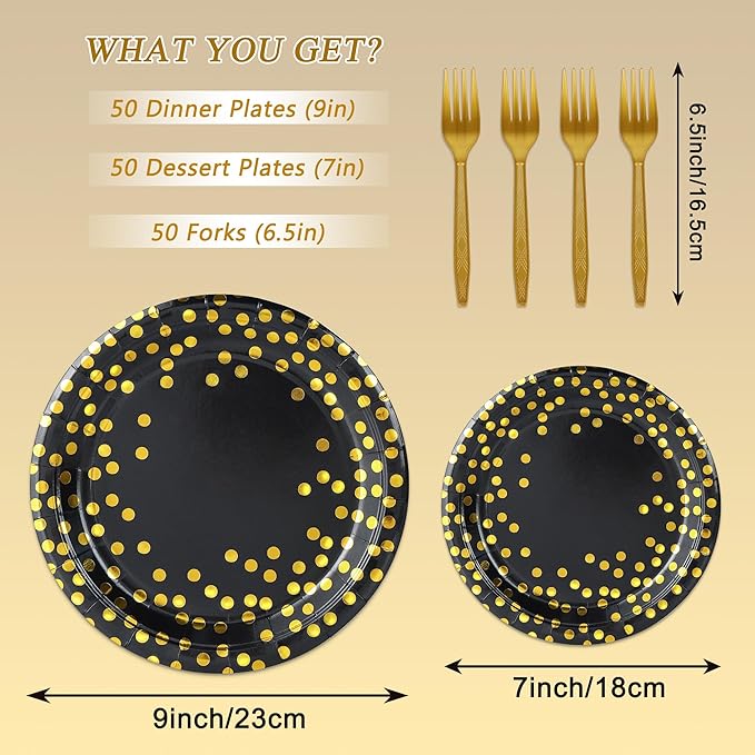 150 Pcs Black and Gold Paper Plates Party Supplies,Serves 50 Guests 7" 9" Black Gold Plates and Gold Plastic Forks,Disposable Paper Tableware Set for Graduation Retirement Decorations