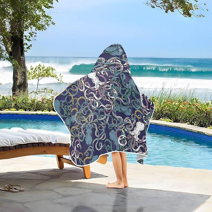 susiyo Kids Hooded Bath Towel Octopus Color Beach Towel for Kids 23.5 x 50 Inch Microfiber Soft Absorbent Quick Dry Bath Swim Pool Towel Wrap Poncho Bathrobe with Hood for Kids Toddler