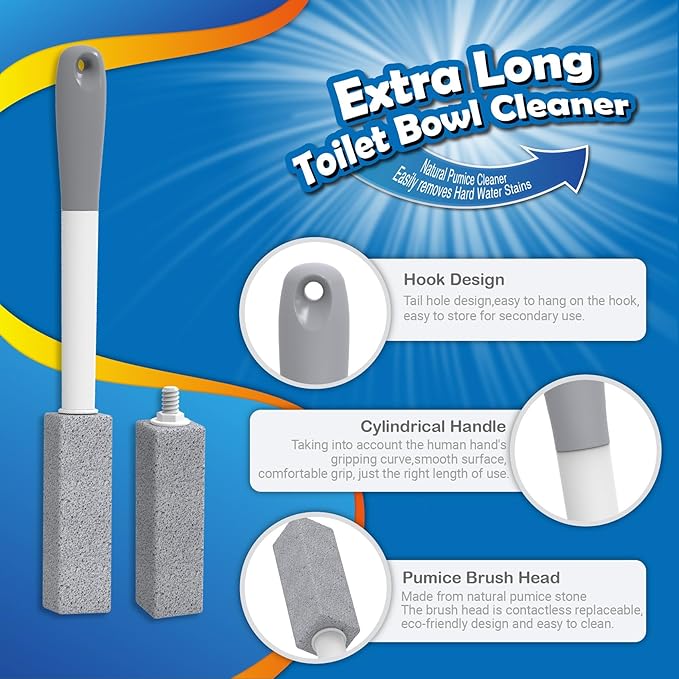 4-Pack Pumice Stone Toilet Bowl Cleaner with Long Handle, No-Touch Replaceable Stone Heads for Toilets, Bathtubs, Sinks, Grills, Swimming Pools