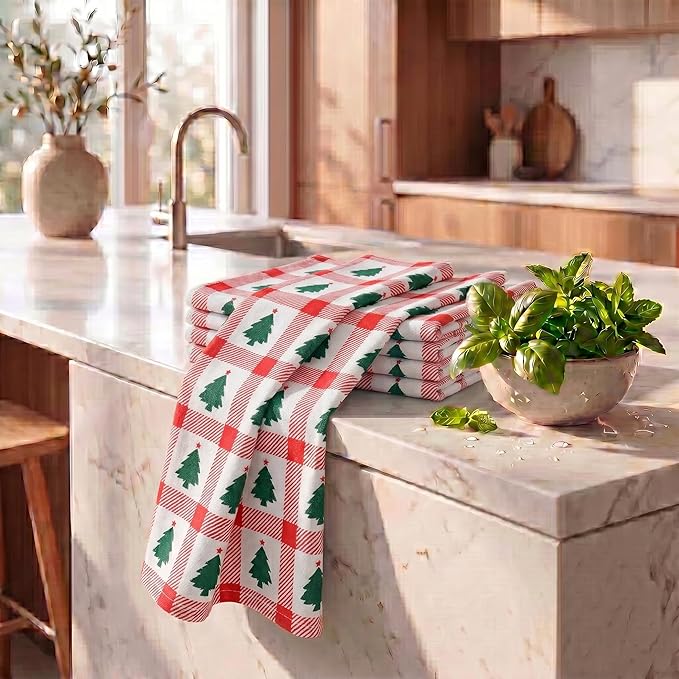 Urban Villa Christmas Kitchen Towels Christmas Tree Print Premium Quality 100% Cotton Dish Towels Mitered Corners Ultra Soft (Size: 20X30 Inches) Highly Absorbent Bar Towels & Tea Towels - (Set of 6)