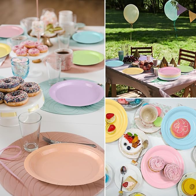Kochorie 60 Pieces Pastel Rainbow Disposable Paper Plates 9 Inch Heavy Duty Dinner Plates, Solid Color, Table Decorations Party Supplies for Birthdays, Weddings, Daily Use