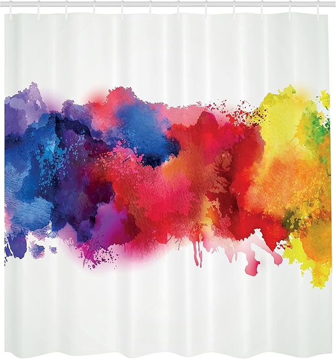 Ambesonne Abstract Shower Curtain, Vibrant Stains of Watercolor Paint Splatters Brushstrokes Dripping Liquid Art, Cloth Fabric Bathroom Decor Set with Hooks, 69" W x 75" L, Yellow Blue