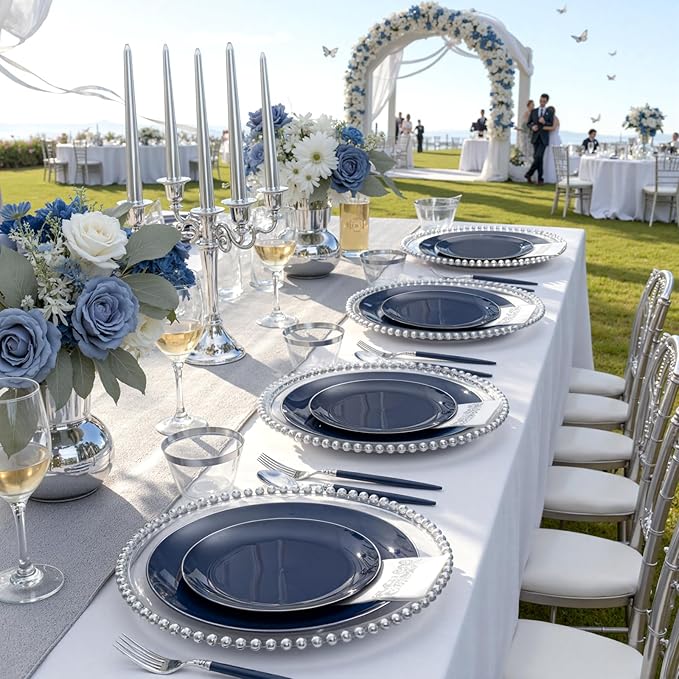 KIRE 175Pcs Blue Plastic Plates with Silver Rim & Disposable Silverware with Blue Handle & Silver-rim Cups & Hand Napkin & Plastic Dinnerware for Parties/Wedding/Graduation/Memorial Day/Father's Day