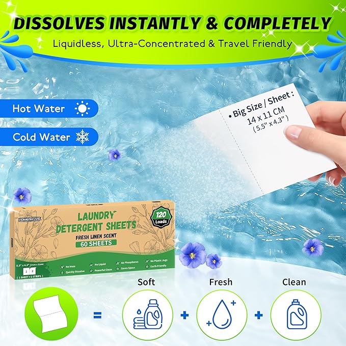 Laundry Detergent Sheets - Fresh Linen 120 Loads Laundry Sheets Detergent, Bulk Travel Laundry Detergent Eco Friendly & Hypoallergenic Natural Detergent Sheets Strips Laundry Soap Sheets