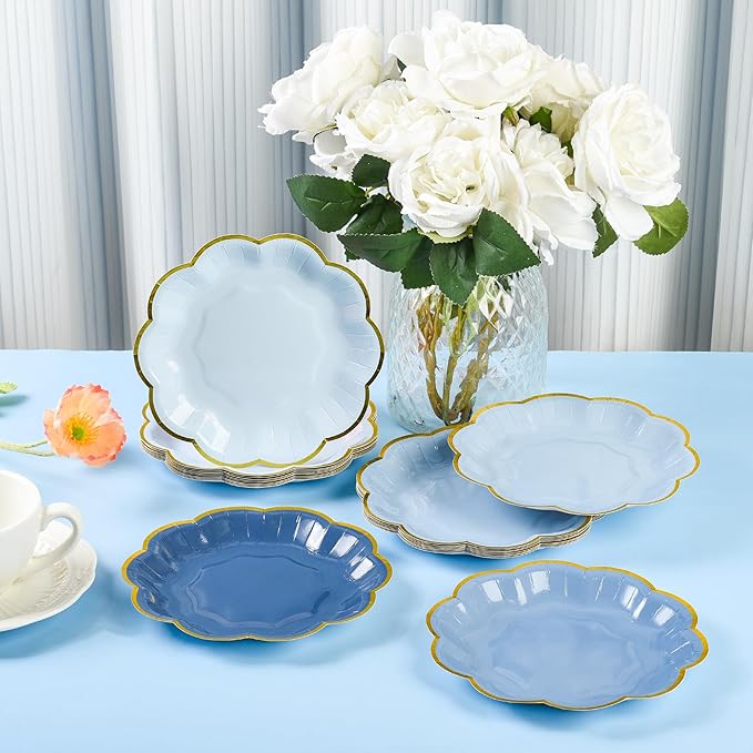 AimFun 24 Pcs Dusty Blue Party Plates Gradient Blue Dessert Paper Plate 7 Inch Gold Foil Scalloped Edge Disposable Cake Plates for Father’s Day Birthday Bridal Baby Shower Wedding Party Supplies