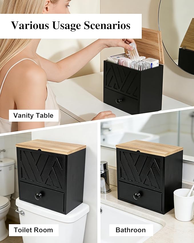 Tampon Holder for Bathroom Decor Feminine Product Organizer With Lid & Drawer Shark Week Box Girl Stuff (1, BLACK)