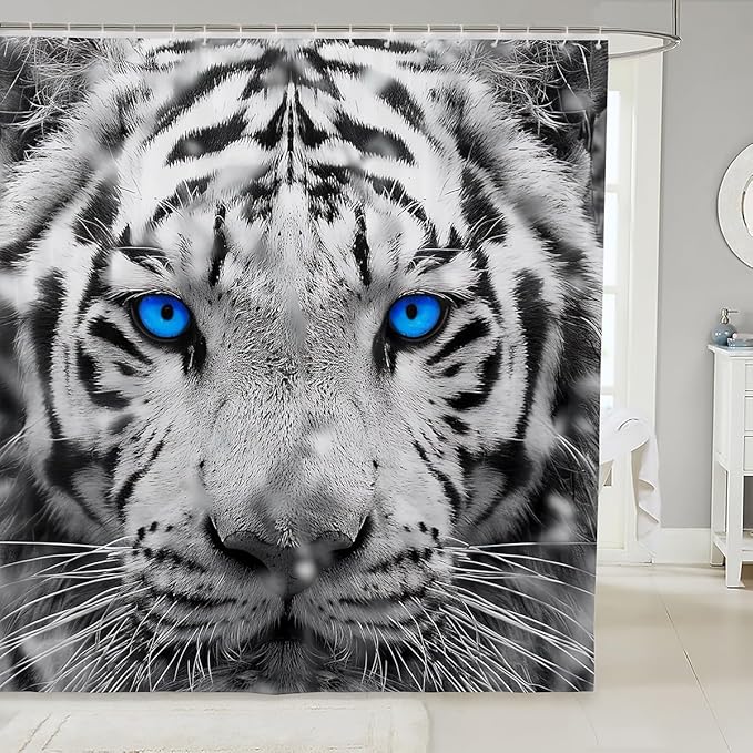Erosebridal White Tiger Shower Curtain 72" Wx72 L 3D Animal Print for Kids Boys Teens Bath Curtain Chic Wild Animal Skin Design Tiger Waterproof Shower Curtain Big Cat Wild Animal Room Decor