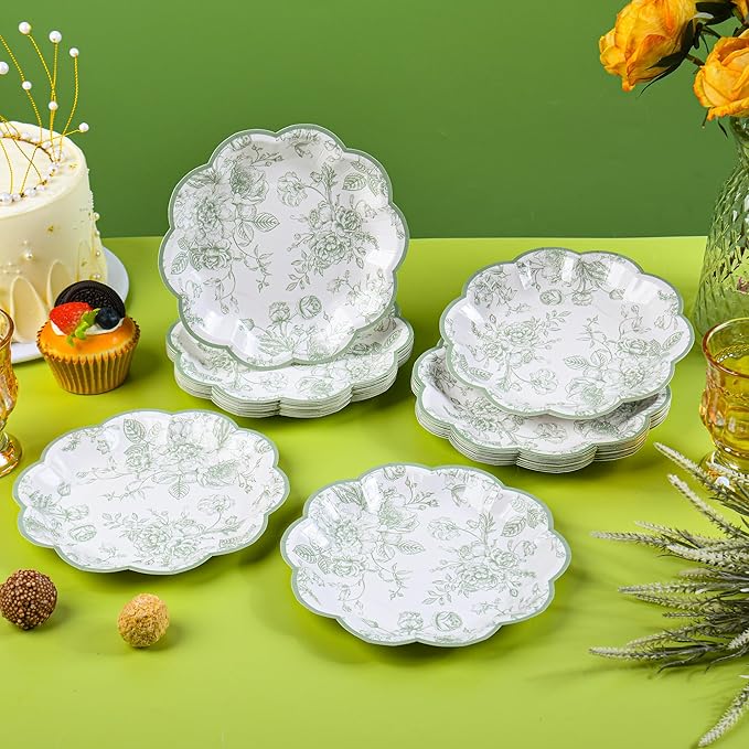 24 Pcs Green Floral Party Plates Vintage Floral Leaf Disposable Paper Plates Wildflower Sage Green Toile 7" Small Scalloped Dessert Plates for Spring Easter Birthday Bridal Tea Party Supplies