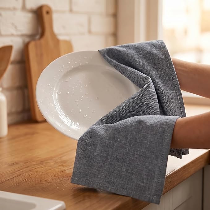 Urban Villa Kitchen Towels Premium Quality 100% Cotton Solid Kitchen Towels Set of 6 Ultra Soft Size 20X30 Inches Chambray Black/White Color Kitchen Towel Highly Absorbent Kitchen Towels