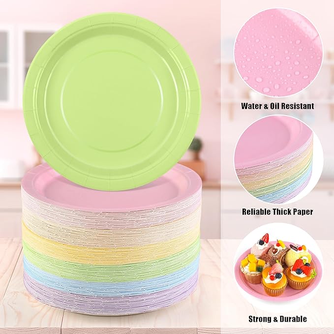 Kochorie 150 Pieces Pastel Rainbow Disposable Paper Plates 9 Inch Heavy Duty Dinner Plates, Solid Color, Table Decorations Party Supplies for Birthdays, Weddings, Daily Use