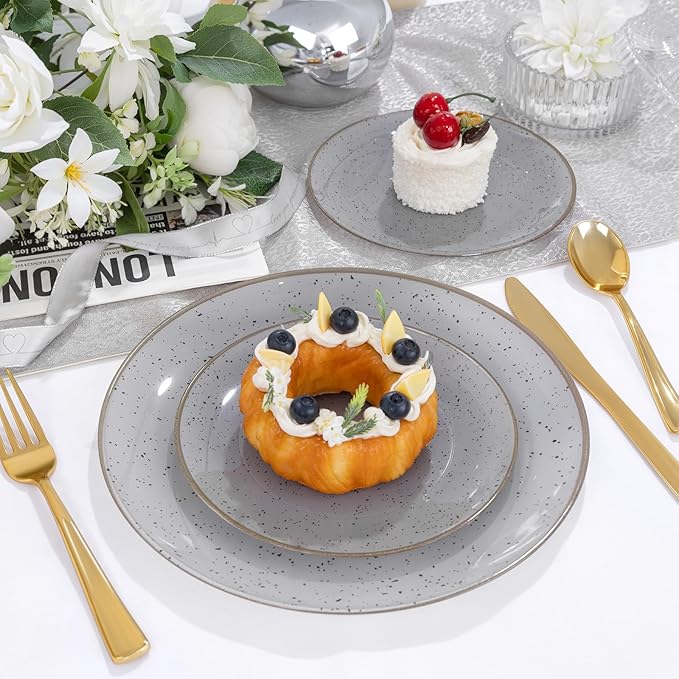Liacere 32PCS Grey Plastic Plates - Grey Stone Plastic Disposable Tableware Plates Modern Dinnerware Set - Wedding & Warm Winter & Party